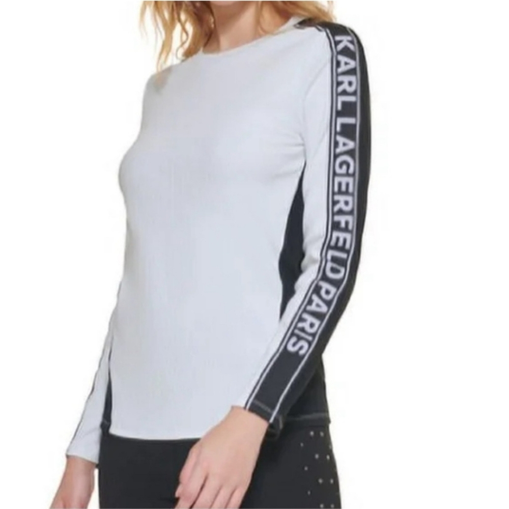 Karl Lagerfeld Paris White and Gray Fitted Long Sleeve Tee